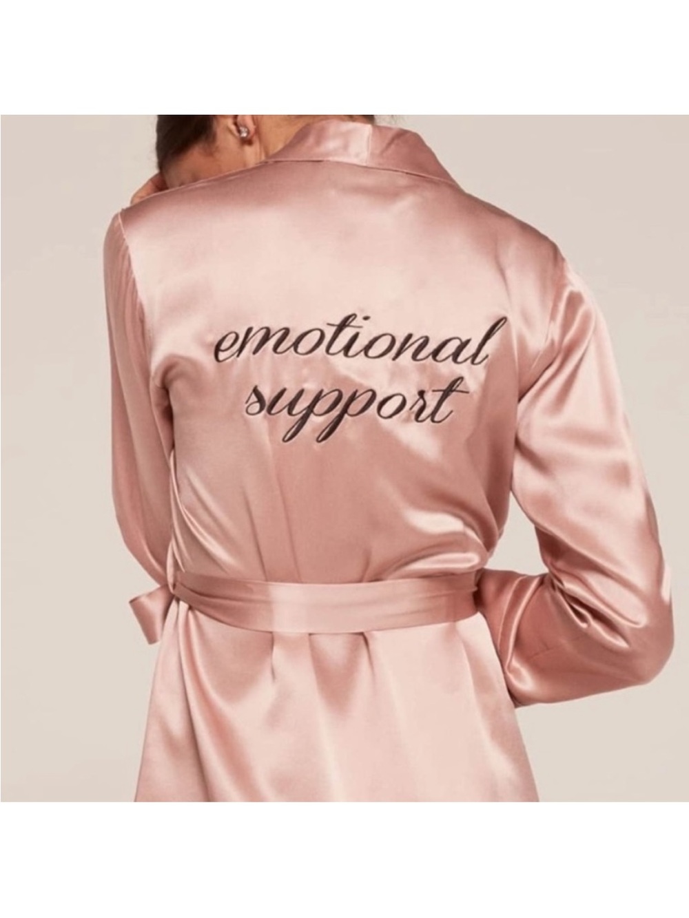 Reformation 100% Silk Robe in Rose Pink with 'Emotional Support' Embroidery